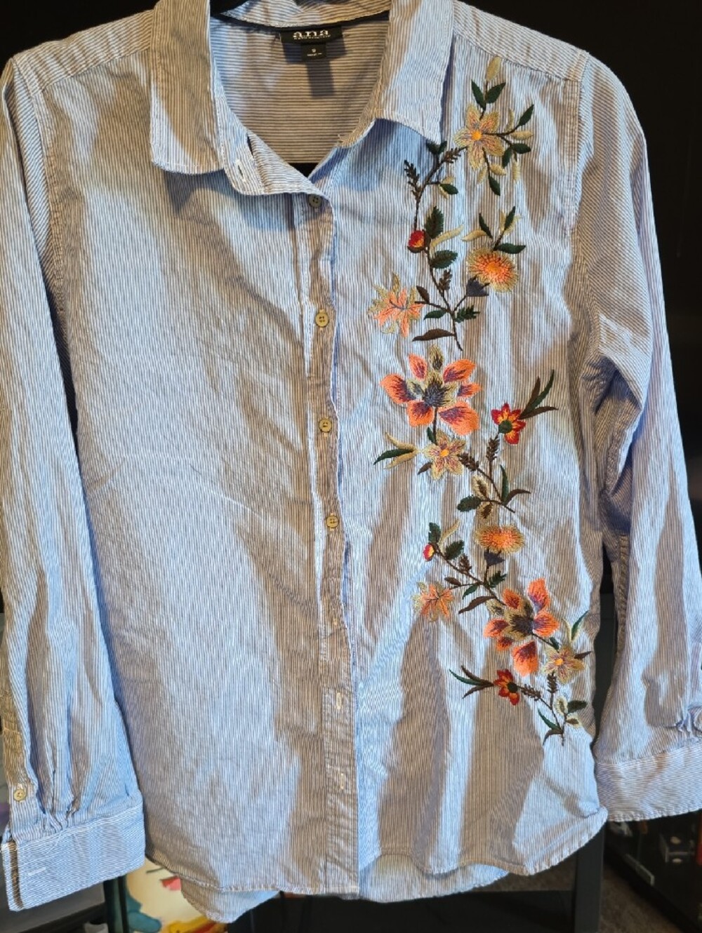 a.n.a Light Blue and White Pinstripe Button-Down Shirt with Subtle Embroidery